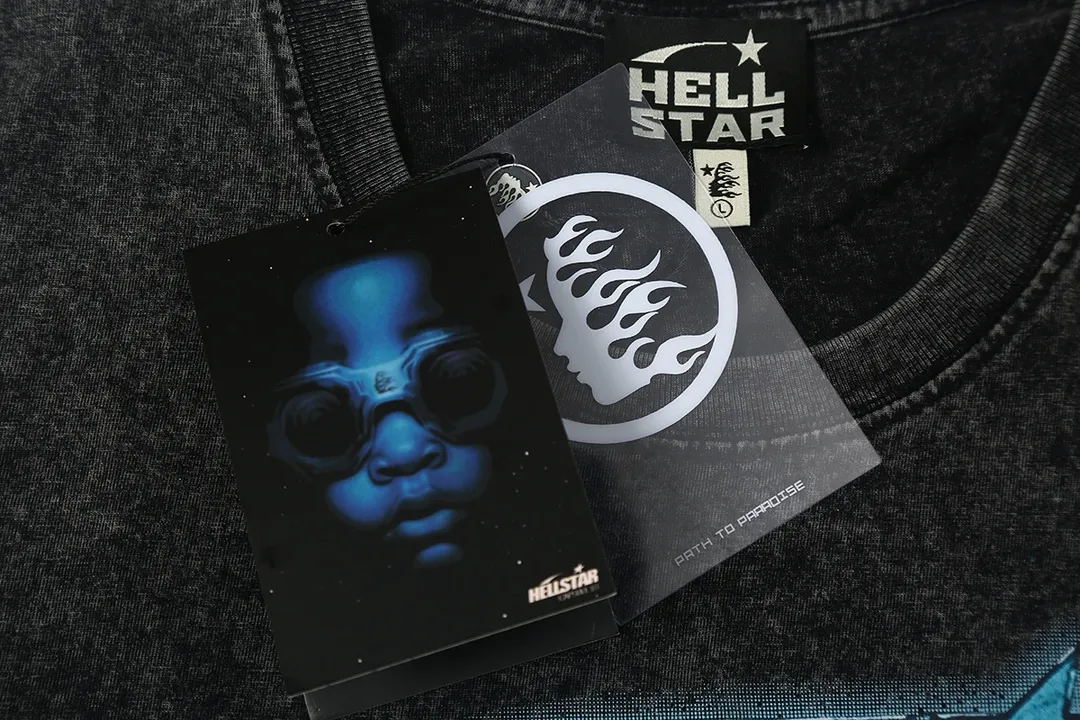 7705# P124 Washed Hellstar Hellstar ins same style retro printed tops for men and women, casual and trendy pure cotton washed short-sleeved T-shirt Color: Black Size: S M L XL