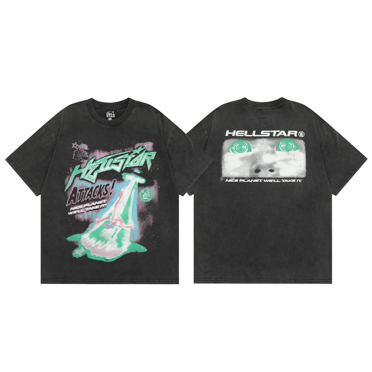 P134 Hellstar Attacks T-Shirt Short-sleeved T-shirt The new hot beauty trend Hellstar!  Standard beauty and trendy workmanship, original customization (fabric, pattern, printing, hang tag, main mark, etc.), exaggerated style, explosive style, dare to break through tradition, bring adventurous new fashion experience!  YoungBoy, the most popular rapper in the youth circle, has shot a lot of models for him, and celebrities such as Dababy and Swae Lee frequently get dressed!  color: Vintage Black (washed black) size: S, M, L, XL