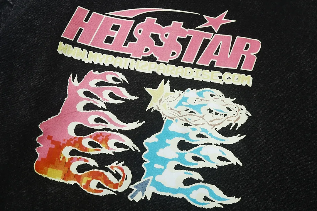 3301# P212 wash water ins American niche trendy brand Hell Star letter print high street men and women loose hooded pullover distressed sweatshirt Color: Black Size: S M L XL