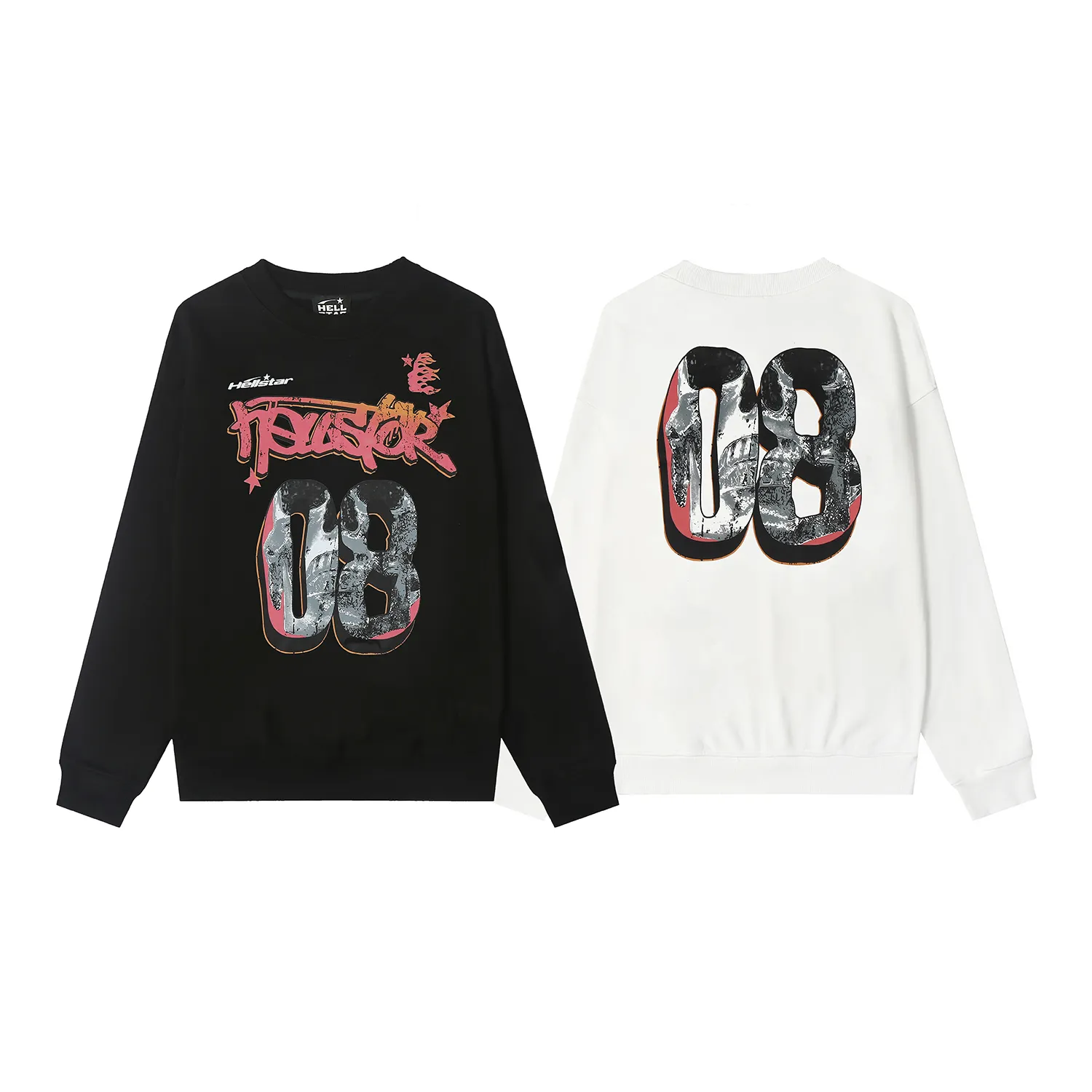 8840# P160 Hellstar high-quality Hellstar American trendy printed cotton terry crew neck sweatshirt Color: White Black Size: S M L XL
