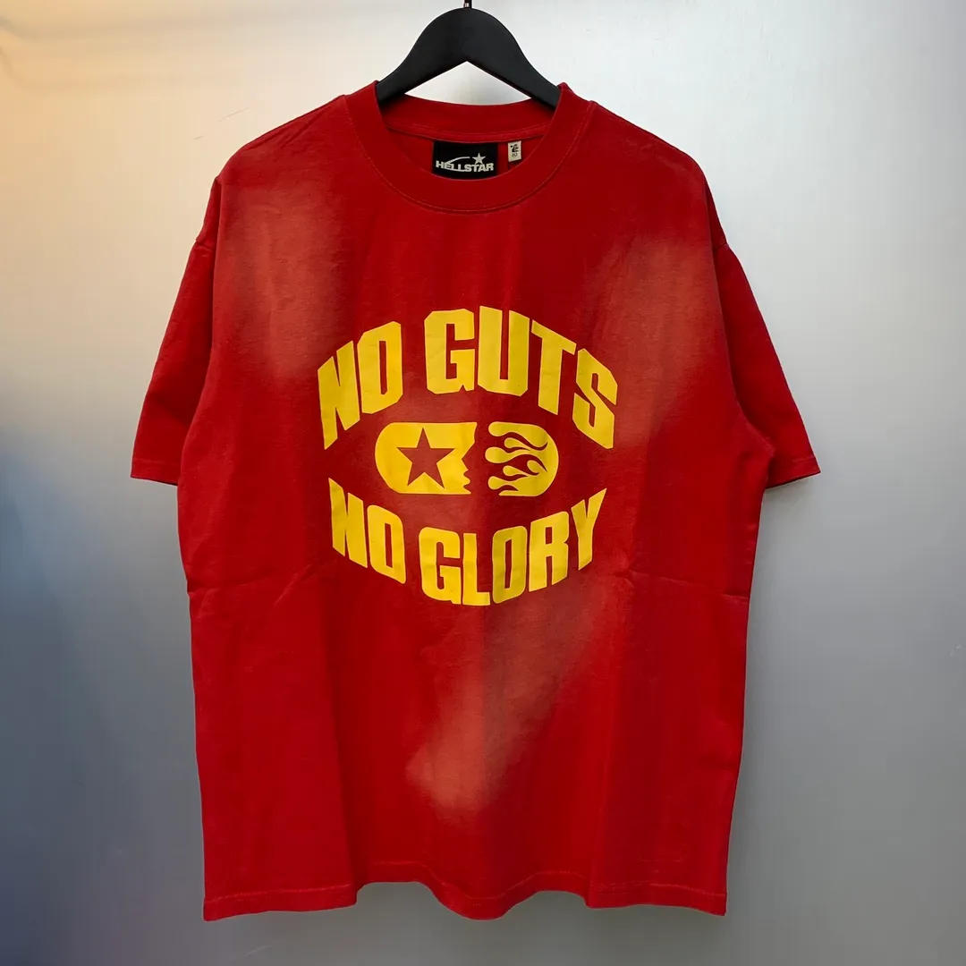 P126 Hellstar No Guts No Glory T-Shirt Custom Cut and sew garment manufactured in Los Angeles. Dyed and potassium sprayed with jumbo screen print. Fits slightly oversized. Gentle wash tumble dry. Dry clean preferred Newly popular Hellstar short-sleeved T-shirt!   Standard beauty and trendy workmanship, original customization (fabric, pattern, printing, hang tag, main mark, etc.), exaggerated style, explosive style, dare to break through tradition, bring adventurous new fashion experience!  YoungBoy, the most popular rapper in the youth circle, has shot a lot of models for him, and celebrities such as Dababy and Swae Lee frequently get dressed!   color: red Size: S, M, L, XL