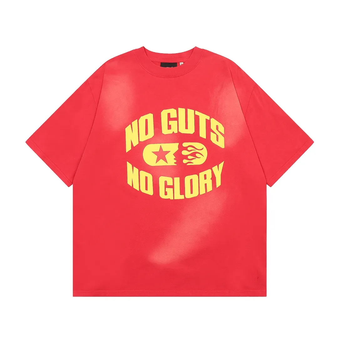 P126 Hellstar No Guts No Glory T-Shirt Custom Cut and sew garment manufactured in Los Angeles. Dyed and potassium sprayed with jumbo screen print. Fits slightly oversized. Gentle wash tumble dry. Dry clean preferred Newly popular Hellstar short-sleeved T-shirt!   Standard beauty and trendy workmanship, original customization (fabric, pattern, printing, hang tag, main mark, etc.), exaggerated style, explosive style, dare to break through tradition, bring adventurous new fashion experience!  YoungBoy, the most popular rapper in the youth circle, has shot a lot of models for him, and celebrities such as Dababy and Swae Lee frequently get dressed!   color: red Size: S, M, L, XL