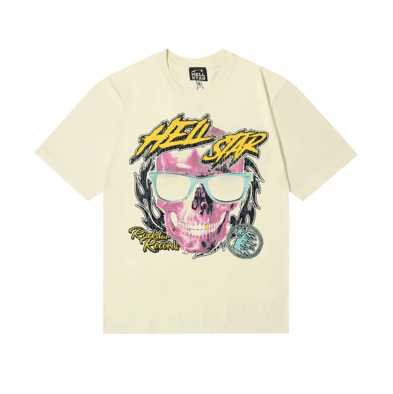 6736# P116 Hellstar American fashion high street pure cotton loose short-sleeved T-shirt Color: White Apricot Code Number: S M L XL