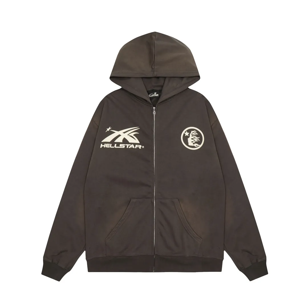P240 Hellstar Sports Zip Up Hooded Sweatshirt Gray washed distressed terry sweatshirt cardigan color (color): Vintage Gray (washed gray) Size (size): S, M, L, XL