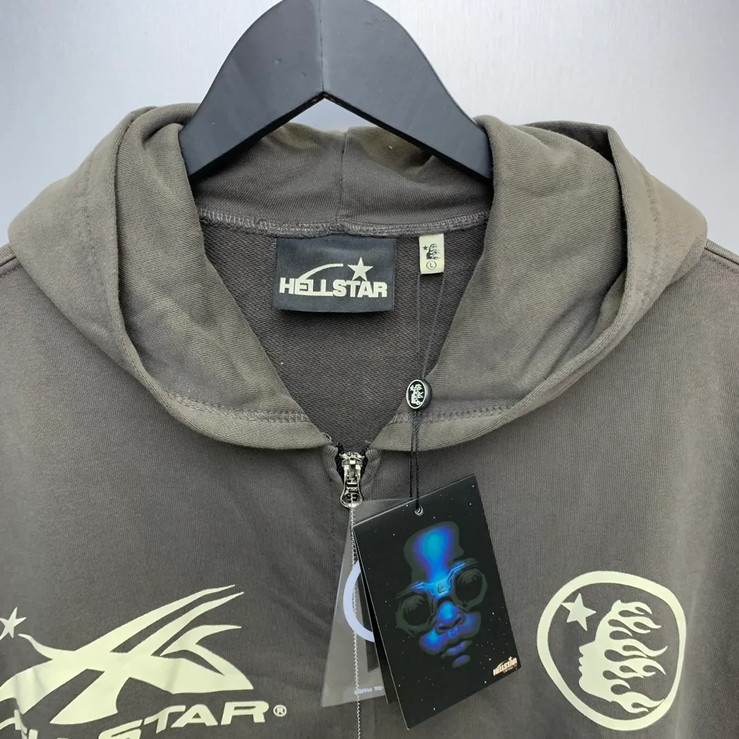 P240 Hellstar Sports Zip Up Hooded Sweatshirt Gray washed distressed terry sweatshirt cardigan color (color): Vintage Gray (washed gray) Size (size): S, M, L, XL