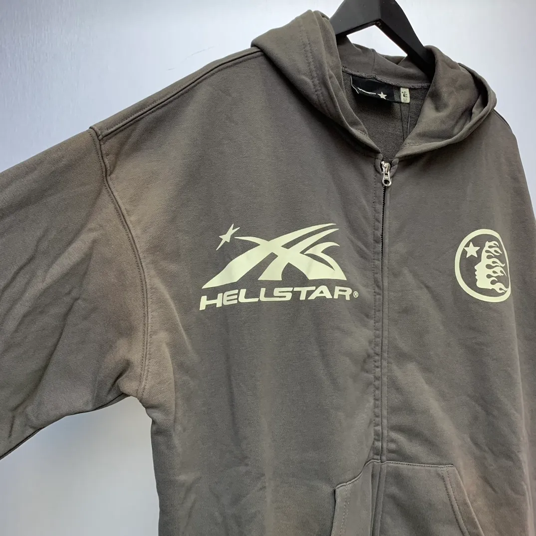 P240 Hellstar Sports Zip Up Hooded Sweatshirt Gray washed distressed terry sweatshirt cardigan color (color): Vintage Gray (washed gray) Size (size): S, M, L, XL