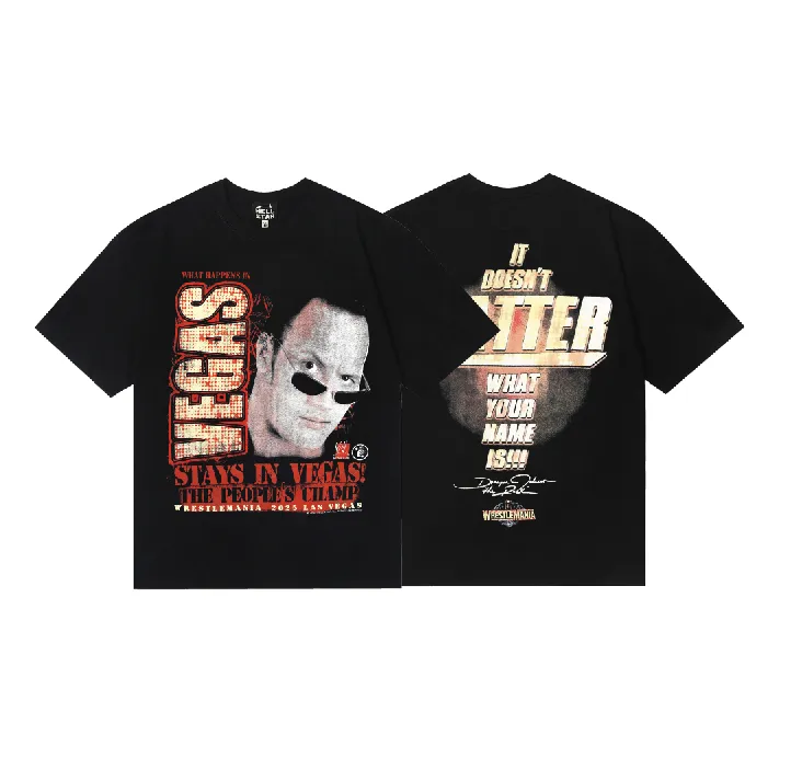 6790# P116 Hellstar Hellstar Wrestler Portrait Letter Printed Combed Cotton Men’s and Women’s Short Sleeve Couple T-shirt Color: Black Size: S M L XL