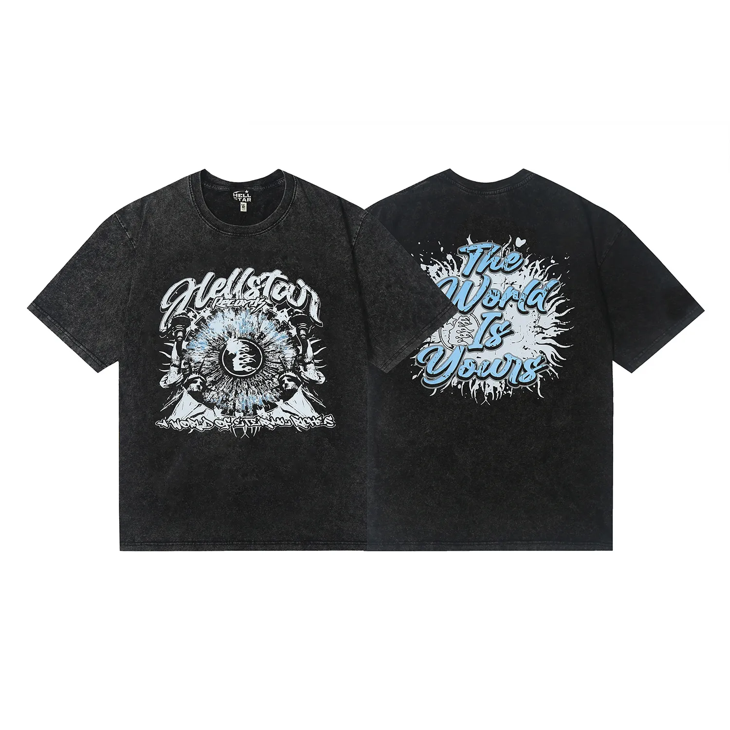 7723# P124 Washed Hellstar Hellstar ins same style retro printed tops for men and women, casual and trendy pure cotton washed short-sleeved T-shirt Color: Black Size: S M L XL