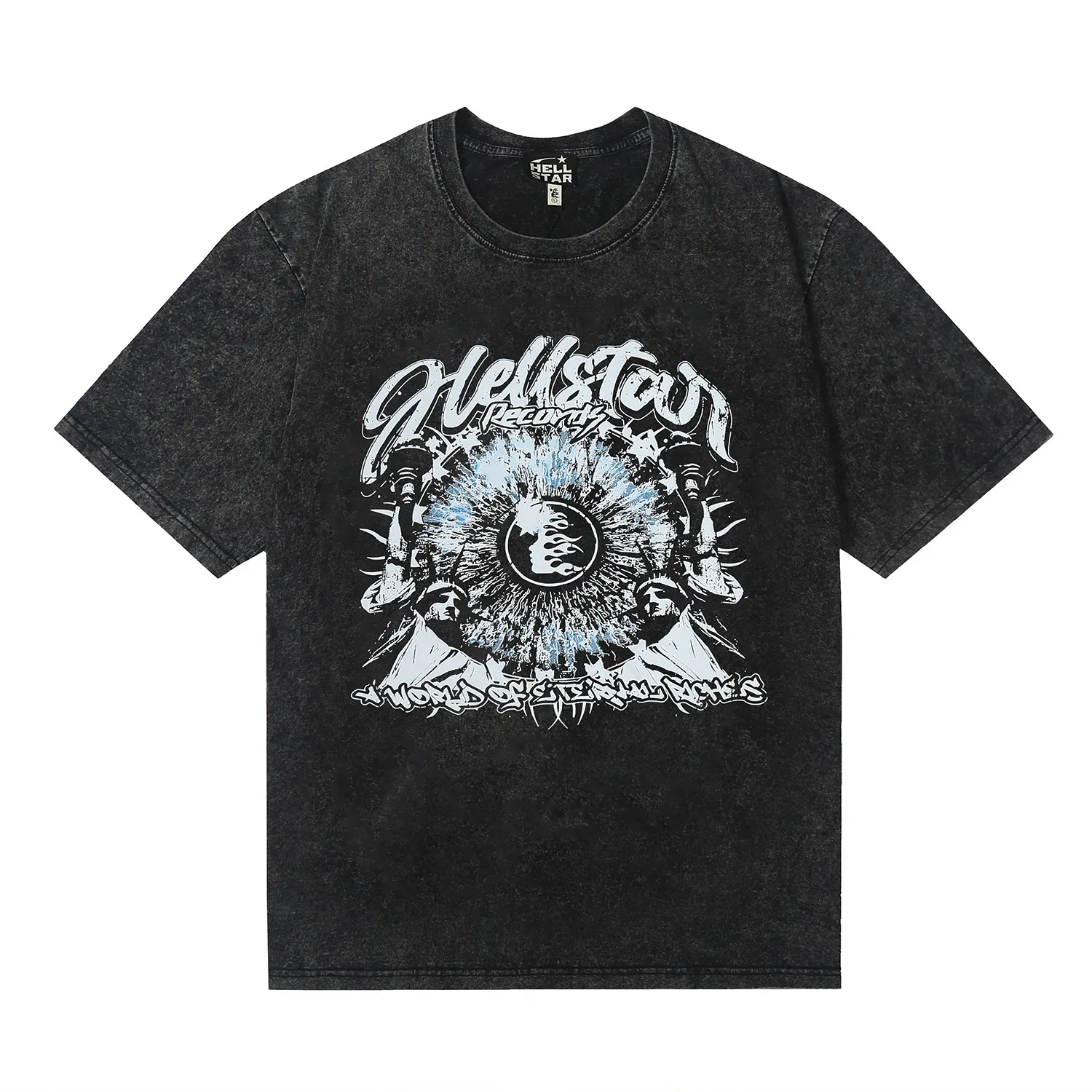 7723# P124 Washed Hellstar Hellstar ins same style retro printed tops for men and women, casual and trendy pure cotton washed short-sleeved T-shirt Color: Black Size: S M L XL