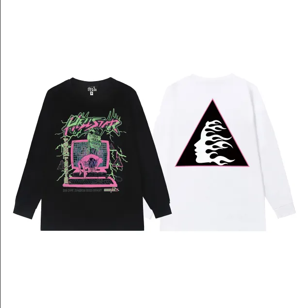 5526# P136 Hellstar Hellstar letter print lightning high street men and women hip-hop loose long-sleeved T-shirt Color: Black White Size: S M L XL