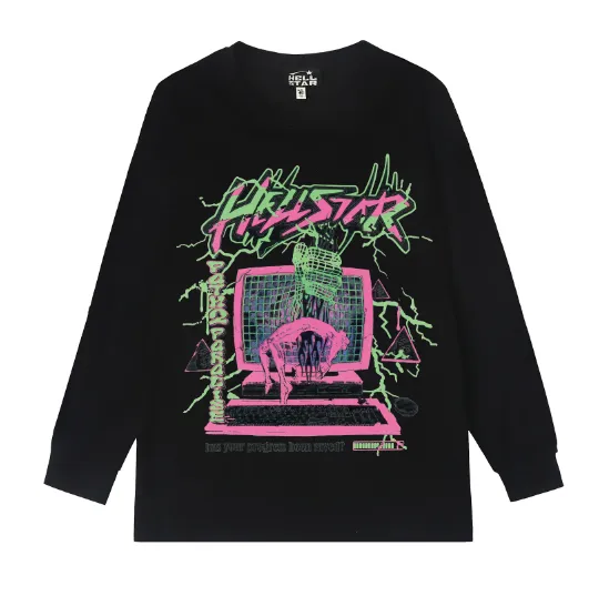 5526# P136 Hellstar Hellstar letter print lightning high street men and women hip-hop loose long-sleeved T-shirt Color: Black White Size: S M L XL