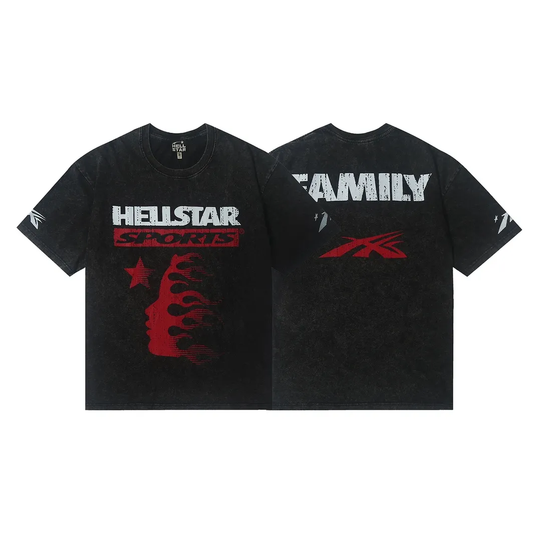 7702# P124 Washed Hellstar Hellstar ins same style retro printed tops for men and women, casual and trendy pure cotton washed short-sleeved T-shirt Color: Black Size: S M L XL