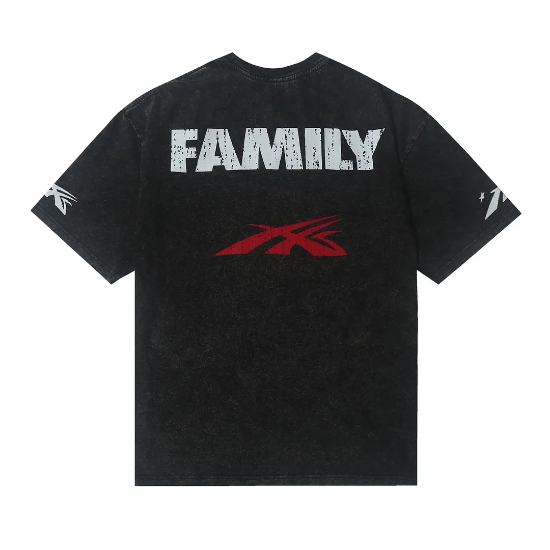 7702# P124 Washed Hellstar Hellstar ins same style retro printed tops for men and women, casual and trendy pure cotton washed short-sleeved T-shirt Color: Black Size: S M L XL