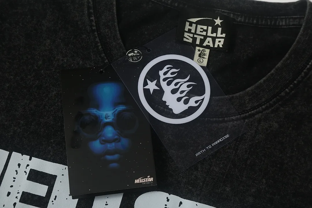 7702# P124 Washed Hellstar Hellstar ins same style retro printed tops for men and women, casual and trendy pure cotton washed short-sleeved T-shirt Color: Black Size: S M L XL