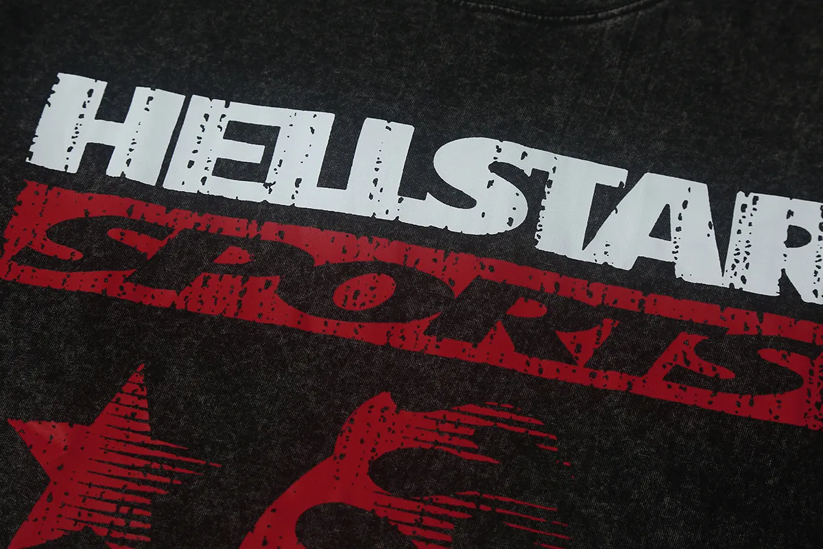 7702# P124 Washed Hellstar Hellstar ins same style retro printed tops for men and women, casual and trendy pure cotton washed short-sleeved T-shirt Color: Black Size: S M L XL