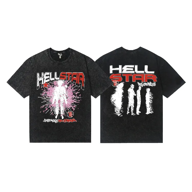 7741# P124 Washed Hellstar Hellstar ins same style retro printed tops for men and women, casual and trendy pure cotton washed short-sleeved T-shirt Color: Black Size: S M L XL