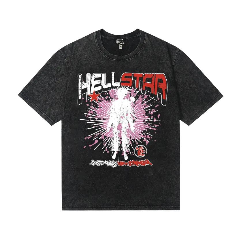 7741# P124 Washed Hellstar Hellstar ins same style retro printed tops for men and women, casual and trendy pure cotton washed short-sleeved T-shirt Color: Black Size: S M L XL