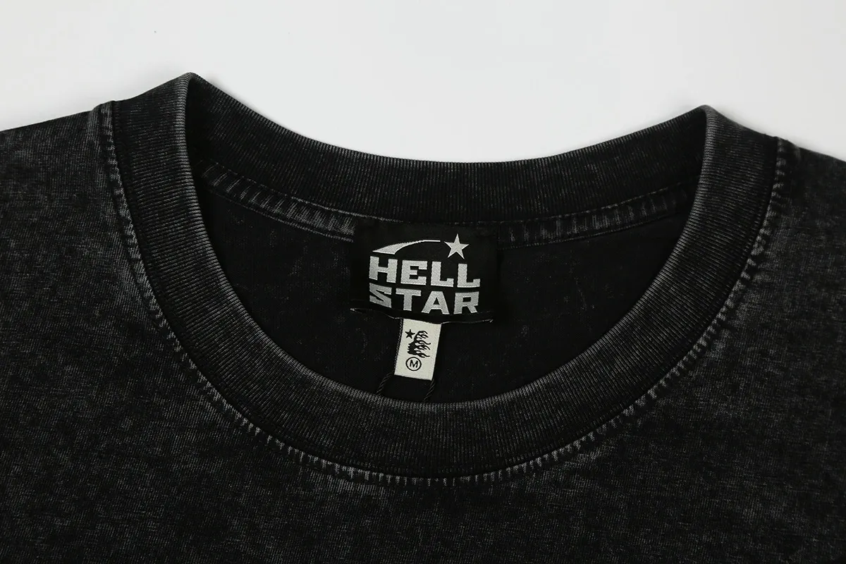 7741# P124 Washed Hellstar Hellstar ins same style retro printed tops for men and women, casual and trendy pure cotton washed short-sleeved T-shirt Color: Black Size: S M L XL