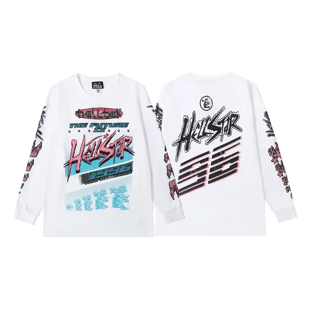5501# P136 ins The same European and American trendy Hell Star letter print lightning high street men and women hip-hop loose long-sleeved T-shirt Color: White Size: S M L XL