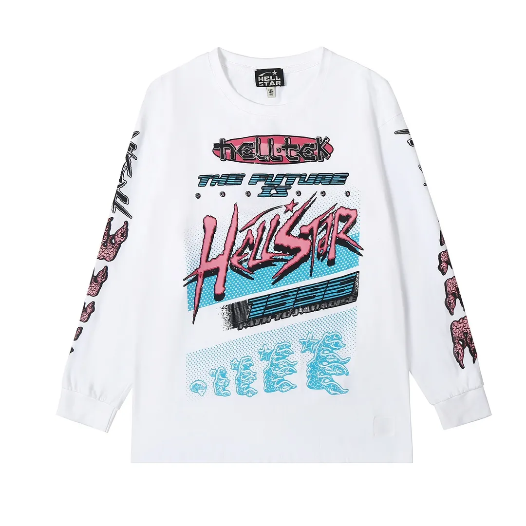 5501# P136 ins The same European and American trendy Hell Star letter print lightning high street men and women hip-hop loose long-sleeved T-shirt Color: White Size: S M L XL