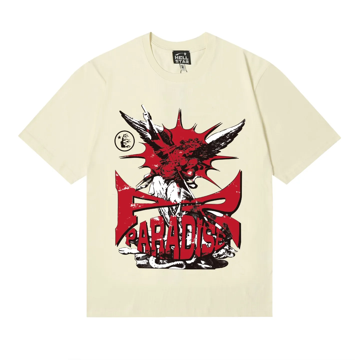 6603# P116 Beautiful fashion hell star ins same style retro print summer high street men and women loose casual hip hop short-sleeved T-shirt Color: white black apricot code number: S M L XL