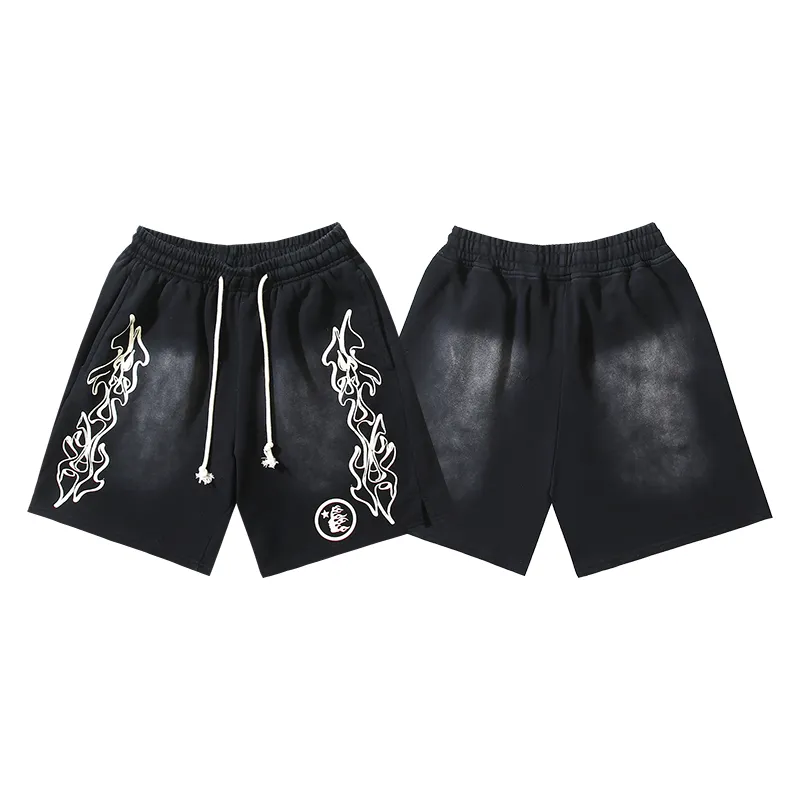P160 792# washed black Real shot Hellstar Hellstar washed and splashed ink distressed casual shorts Fabric 380g pure cotton terry cloth Color: washed black Size: S M L XL