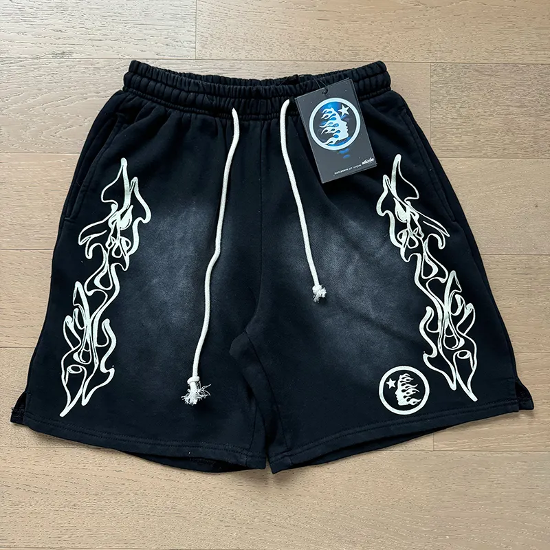 P160 792# washed black Real shot Hellstar Hellstar washed and splashed ink distressed casual shorts Fabric 380g pure cotton terry cloth Color: washed black Size: S M L XL