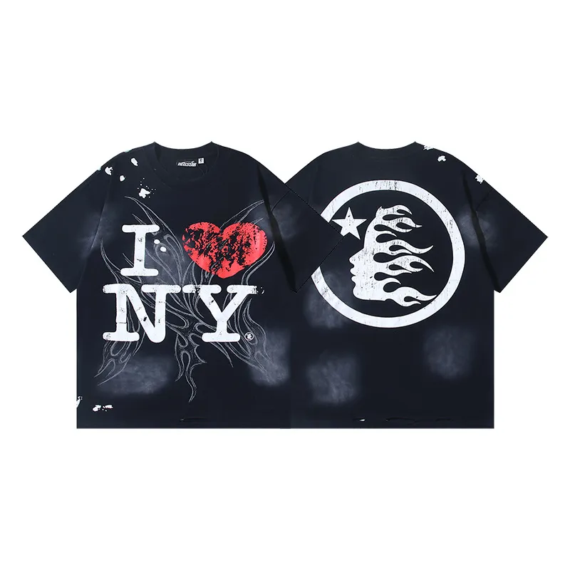 P130 Washed Black + Frayed Real Shots Hellstar Washed Frayed Beauty Trendy Printed Short Sleeve T-shirt Fabric: 265g 32 count fine cotton double yarn pure cotton Color: Washed Black Size: S M L XL