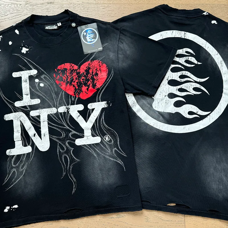 P130 Washed Black + Frayed Real Shots Hellstar Washed Frayed Beauty Trendy Printed Short Sleeve T-shirt Fabric: 265g 32 count fine cotton double yarn pure cotton Color: Washed Black Size: S M L XL