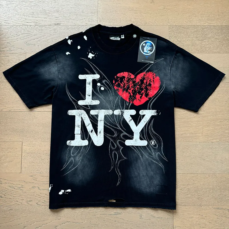 P130 Washed Black + Frayed Real Shots Hellstar Washed Frayed Beauty Trendy Printed Short Sleeve T-shirt Fabric: 265g 32 count fine cotton double yarn pure cotton Color: Washed Black Size: S M L XL