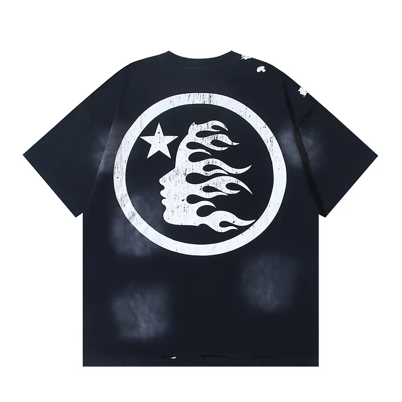 P130 Washed Black + Frayed Real Shots Hellstar Washed Frayed Beauty Trendy Printed Short Sleeve T-shirt Fabric: 265g 32 count fine cotton double yarn pure cotton Color: Washed Black Size: S M L XL