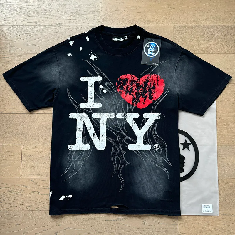 P130 Washed Black + Frayed Real Shots Hellstar Washed Frayed Beauty Trendy Printed Short Sleeve T-shirt Fabric: 265g 32 count fine cotton double yarn pure cotton Color: Washed Black Size: S M L XL