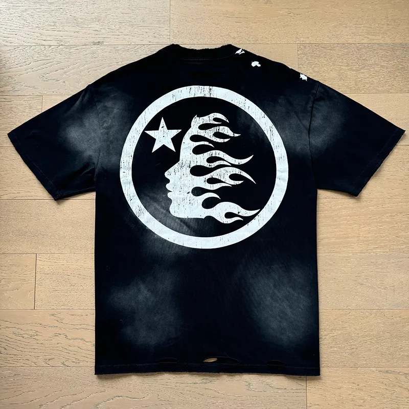 P130 Washed Black + Frayed Real Shots Hellstar Washed Frayed Beauty Trendy Printed Short Sleeve T-shirt Fabric: 265g 32 count fine cotton double yarn pure cotton Color: Washed Black Size: S M L XL