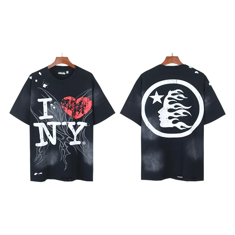 P130 Washed Black + Frayed Real Shots Hellstar Washed Frayed Beauty Trendy Printed Short Sleeve T-shirt Fabric: 265g 32 count fine cotton double yarn pure cotton Color: Washed Black Size: S M L XL