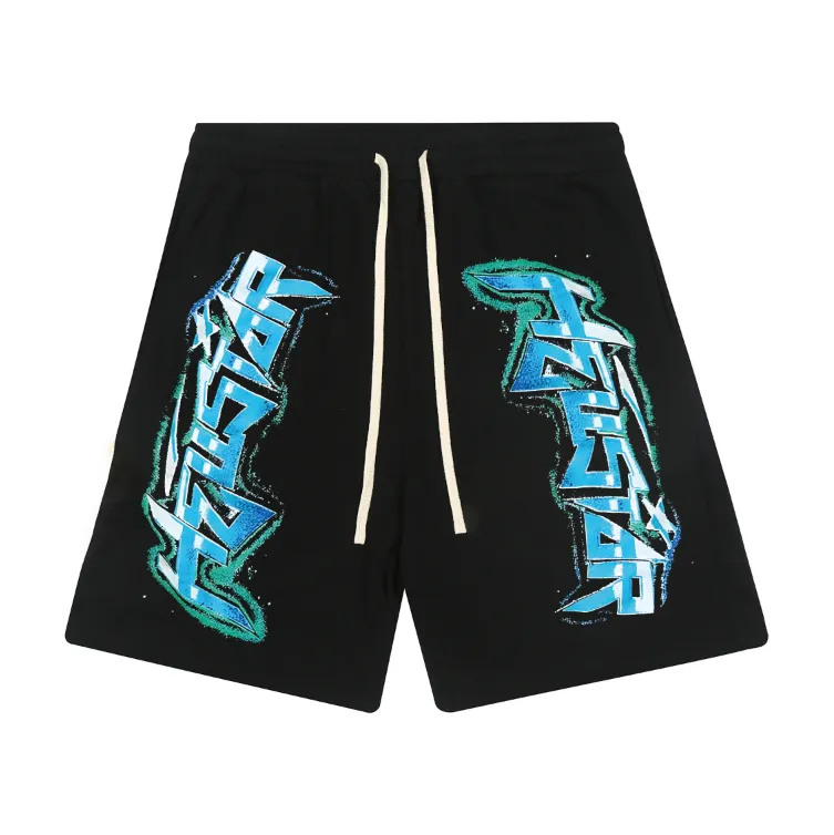 1115# P150 Hellstar pure cotton terry 350g printed casual shorts Color: Black Size: S M L XL