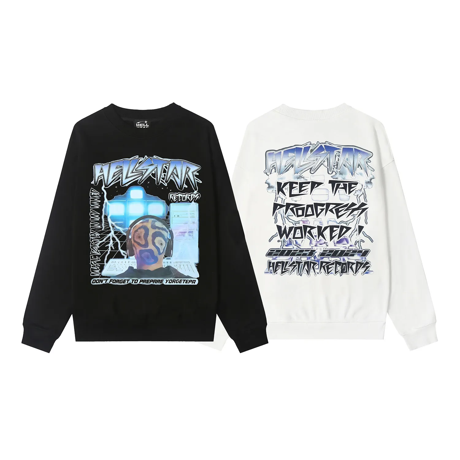 8836# P160 Hellstar high-quality Hellstar American trendy printed cotton terry crew neck sweatshirt Color: White Black Size: S M L XL