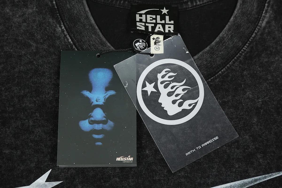 7725# P124 Washed Hellstar Hellstar ins same style retro printed tops for men and women, casual and trendy pure cotton washed short-sleeved T-shirt Color: Black Size: S M L XL