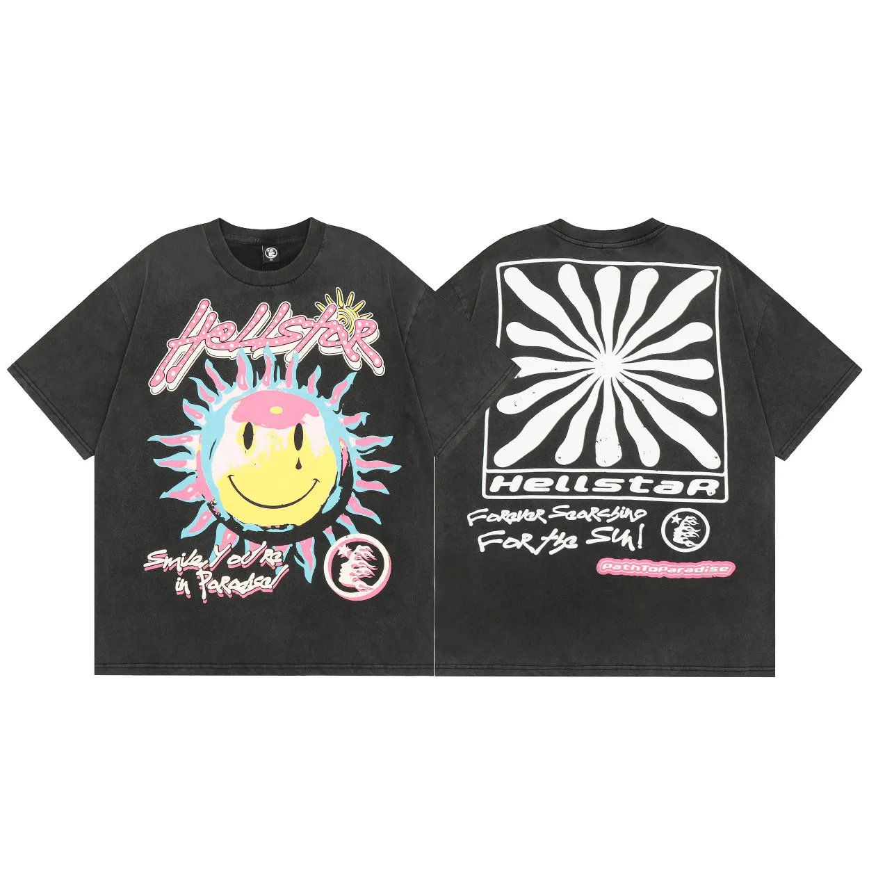 P134 Hellstar Studios Sun Short Sleeve Tee Shirt Black Short Sleeve T-shirt The new hot beauty trend Hellstar! Standard beauty and trendy workmanship, original customization (fabric, pattern, printing, hang tag, main mark, etc.), exaggerated style, explosive style, dare to break through tradition, bring adventurous new fashion experience!   YoungBoy, the most popular rapper in the youth circle, has shot a lot of models for him, and celebrities such as Dababy and Swae Lee frequently get dressed!   color: Vintage Black (washed black) size: S, M, L, XL