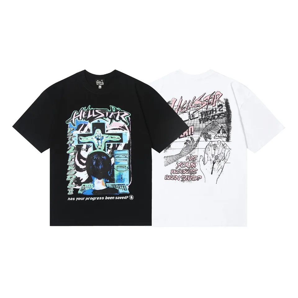 6601# P116 American Hell Star High Street Hip Hop Short Sleeve Male and Female Couple ins Dark T-shirt VTG Retro Half Sleeve Summer Color: White Black Size: S M L XL