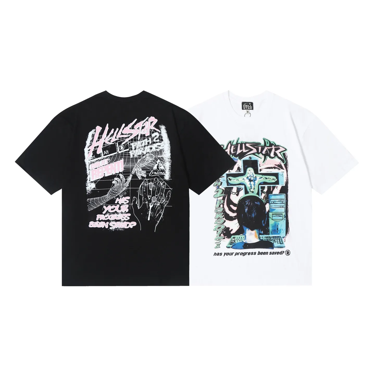 6601# P116 American Hell Star High Street Hip Hop Short Sleeve Male and Female Couple ins Dark T-shirt VTG Retro Half Sleeve Summer Color: White Black Size: S M L XL