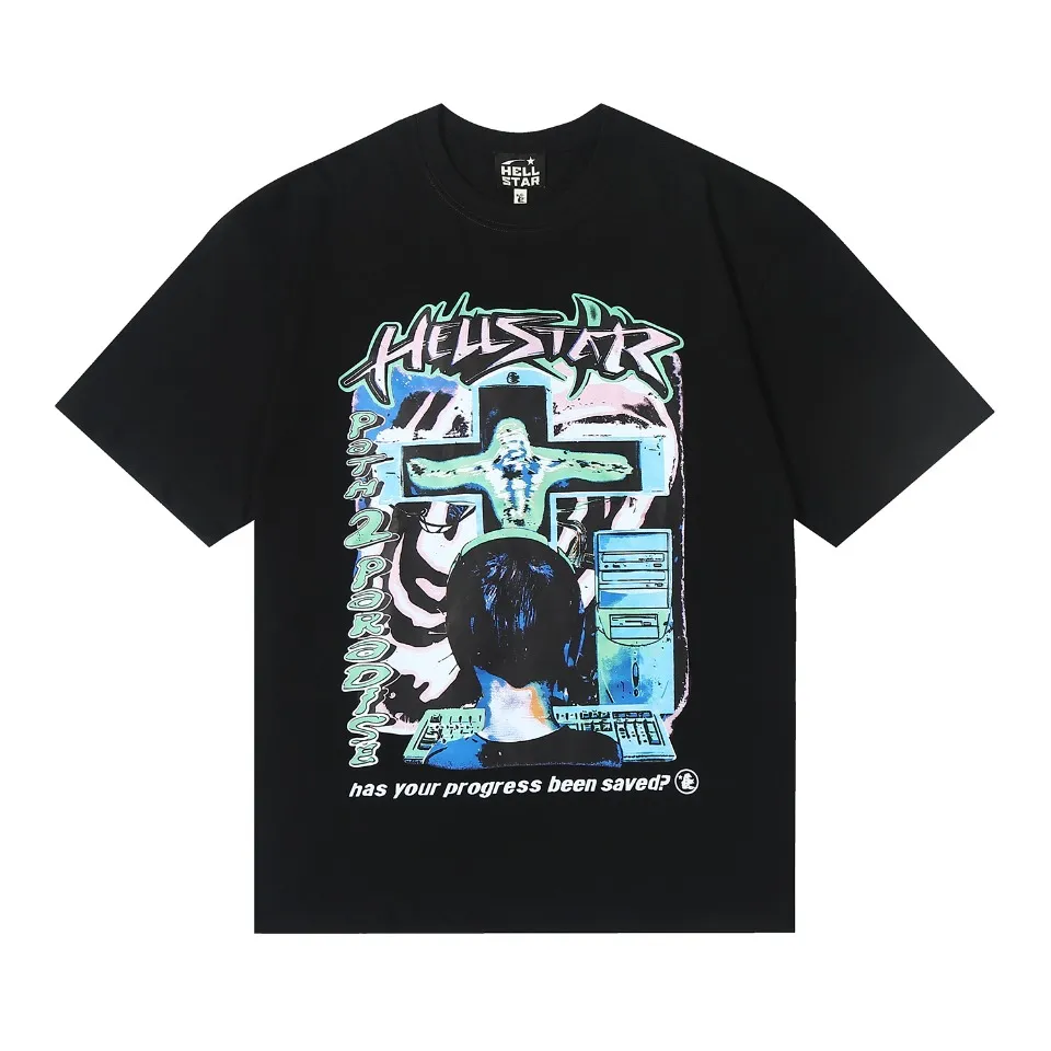 6601# P116 American Hell Star High Street Hip Hop Short Sleeve Male and Female Couple ins Dark T-shirt VTG Retro Half Sleeve Summer Color: White Black Size: S M L XL