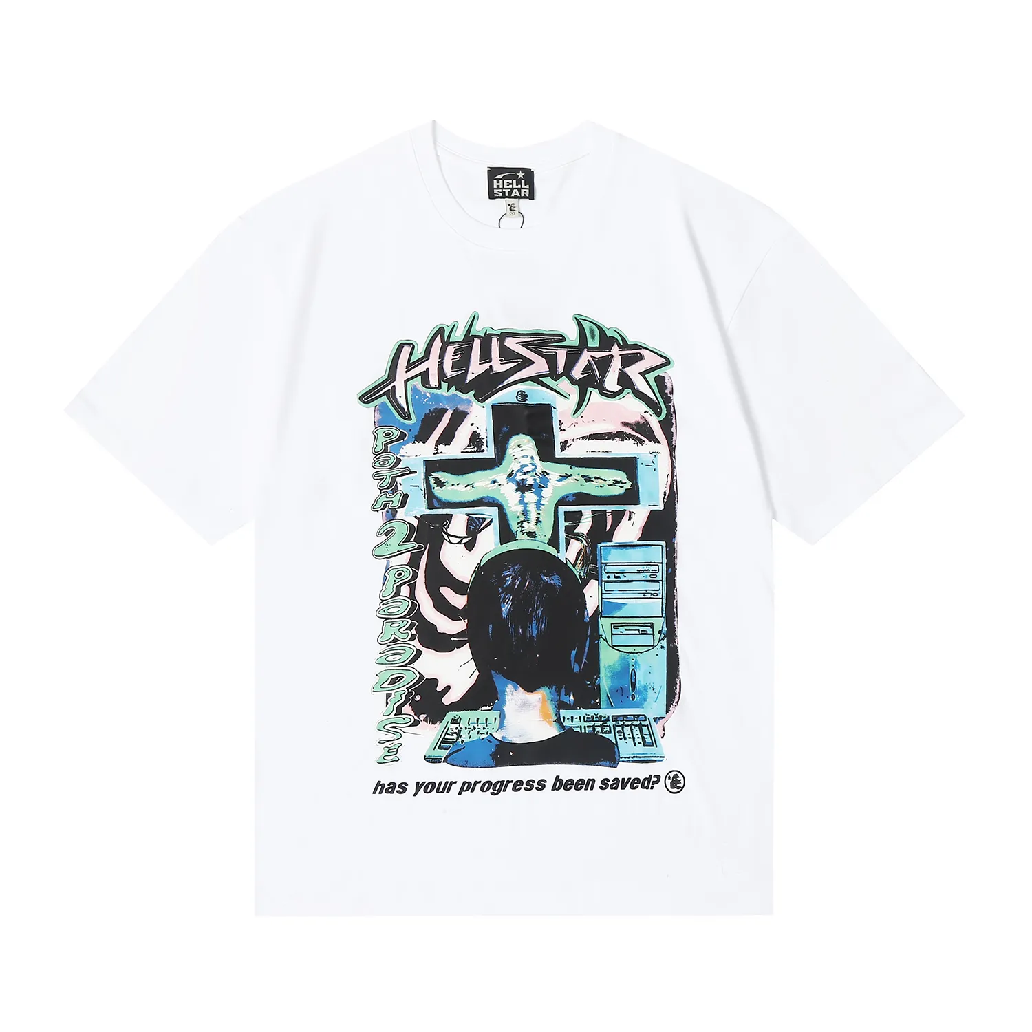 6601# P116 American Hell Star High Street Hip Hop Short Sleeve Male and Female Couple ins Dark T-shirt VTG Retro Half Sleeve Summer Color: White Black Size: S M L XL