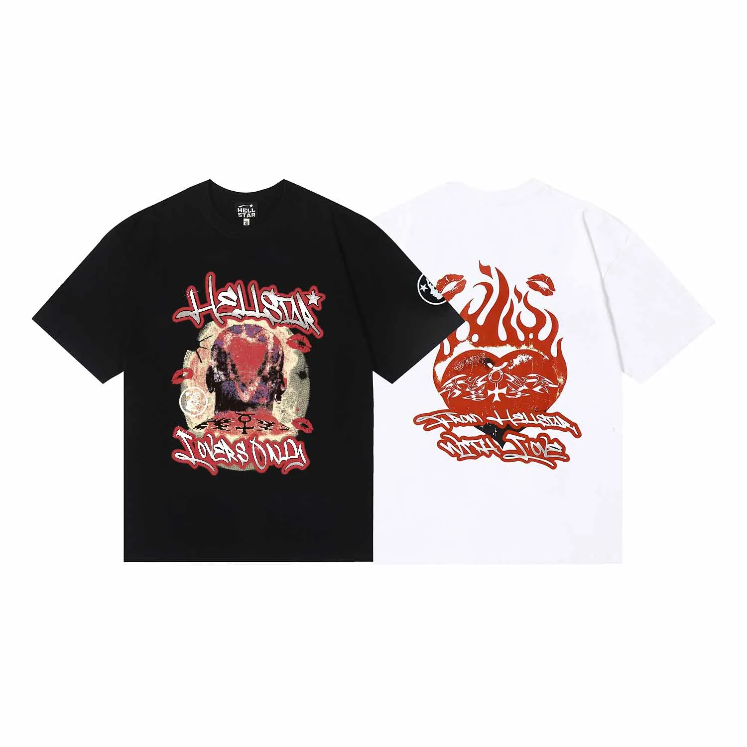 6609# P116 American Hellstar studios Lovers Tee portrait flame heart men and women pure cotton short-sleeved T-shirt Color: White Black Size: S M L XL