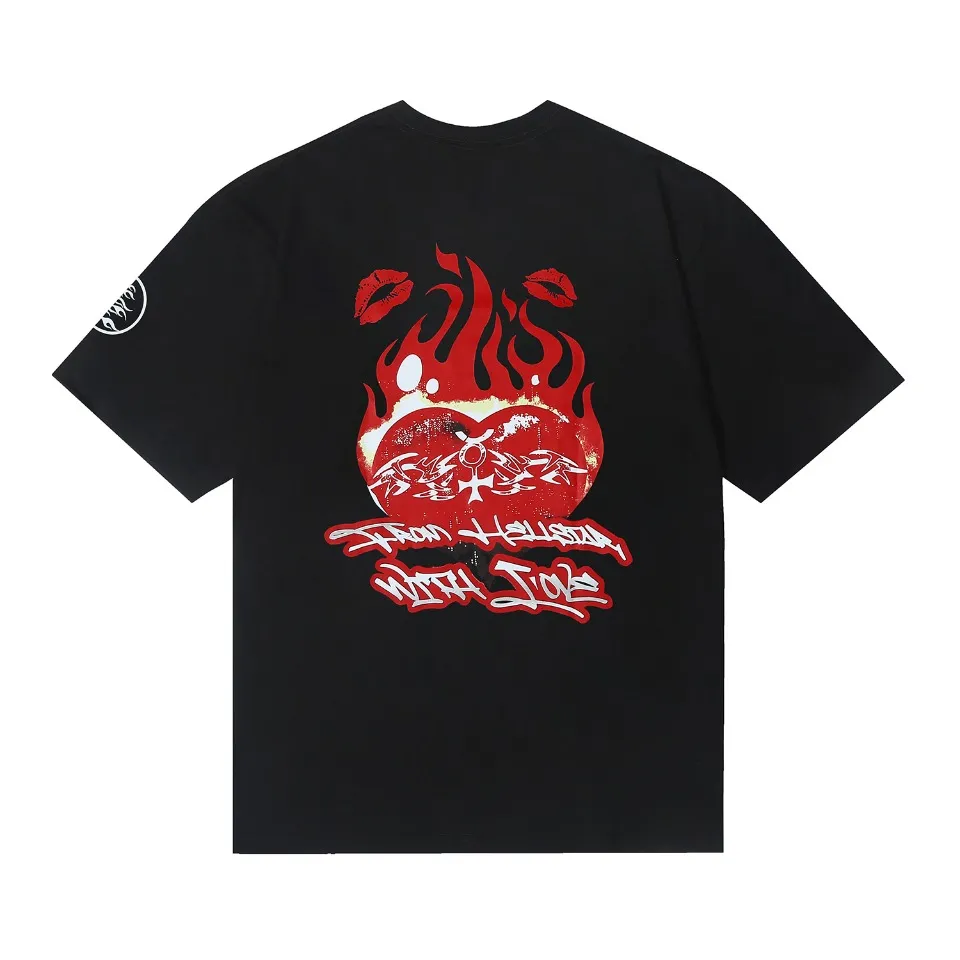 6609# P116 American Hellstar studios Lovers Tee portrait flame heart men and women pure cotton short-sleeved T-shirt Color: White Black Size: S M L XL
