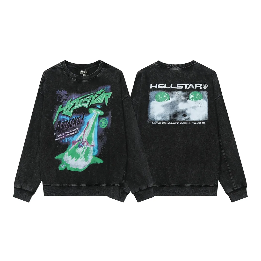 2201# P176 Washed European and American trendy brand Hellstar Washed and distressed American men and women couples casual loose round neck pocketless pullover sweatshirt Color: Black Size: S M L XL