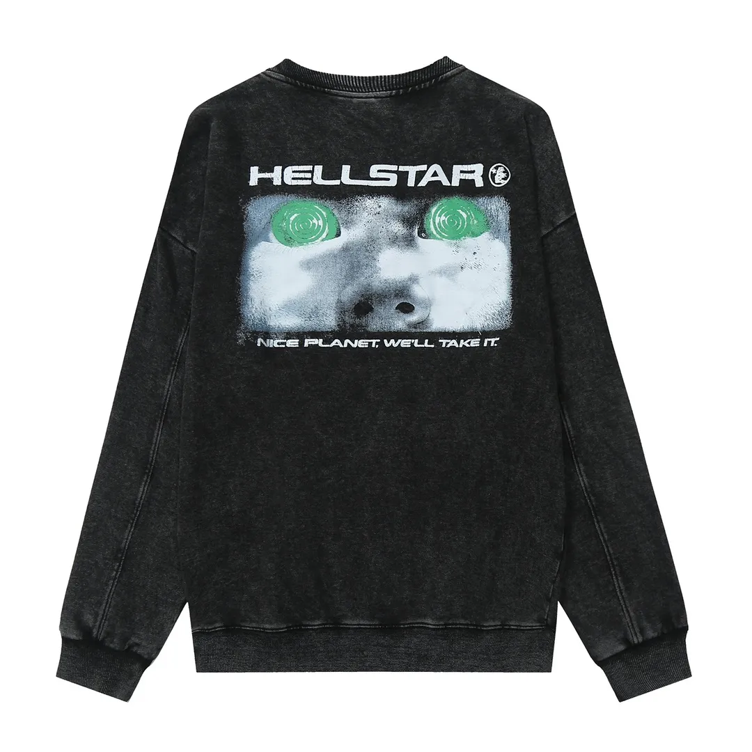 2201# P176 Washed European and American trendy brand Hellstar Washed and distressed American men and women couples casual loose round neck pocketless pullover sweatshirt Color: Black Size: S M L XL