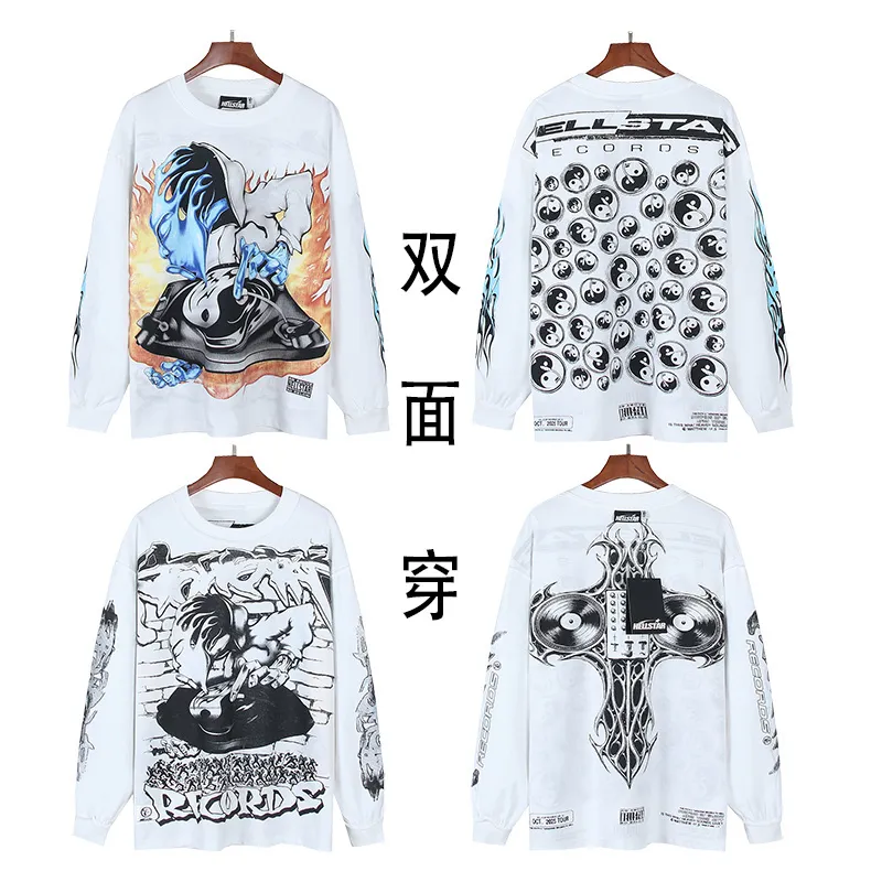 P160 Reversible Real Shots Hellstar Hellstar Beauty Reversible Pure Cotton Loose Bottoming Long Sleeve T-Shirt Long T Fabric: 270g 32 Count Fine Cotton Double Yarn Pure Cotton Color: White Reversible Size: S M L XL