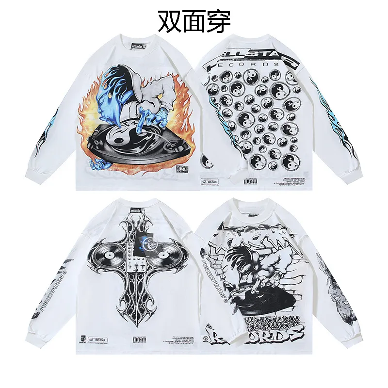 P160 Reversible Real Shots Hellstar Hellstar Beauty Reversible Pure Cotton Loose Bottoming Long Sleeve T-Shirt Long T Fabric: 270g 32 Count Fine Cotton Double Yarn Pure Cotton Color: White Reversible Size: S M L XL