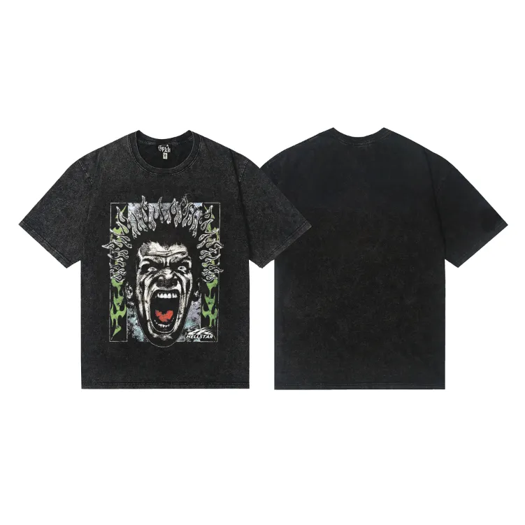 7728# P118 Washed Hellstar Hellstar ins same style retro printed tops for men and women, casual and trendy pure cotton washed short-sleeved T-shirt Color: Black Size: S M L XL