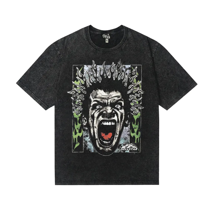 7728# P118 Washed Hellstar Hellstar ins same style retro printed tops for men and women, casual and trendy pure cotton washed short-sleeved T-shirt Color: Black Size: S M L XL